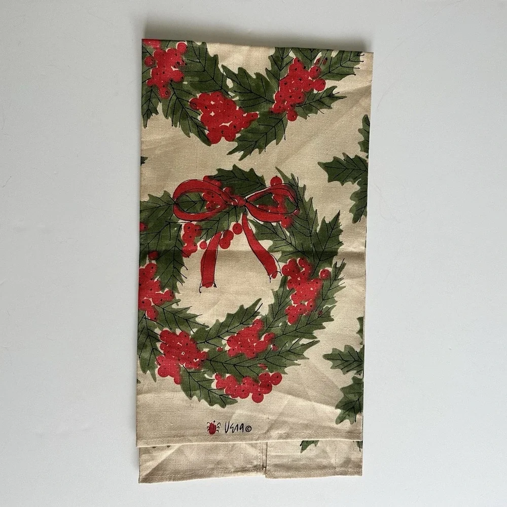 Vintage Vera Neumann Wreath Tea Towel Kitchen Christmas MCM